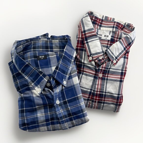 Lot x2 Uniqlo Long sleeve Shirt Mens L Check Plaid Button Up Red / Blue / White* - Picture 1 of 15